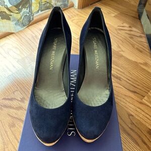 Stuart Weitzman “Dutchess” Navy Blue Suede Cork Wedge Pump in Size 7M